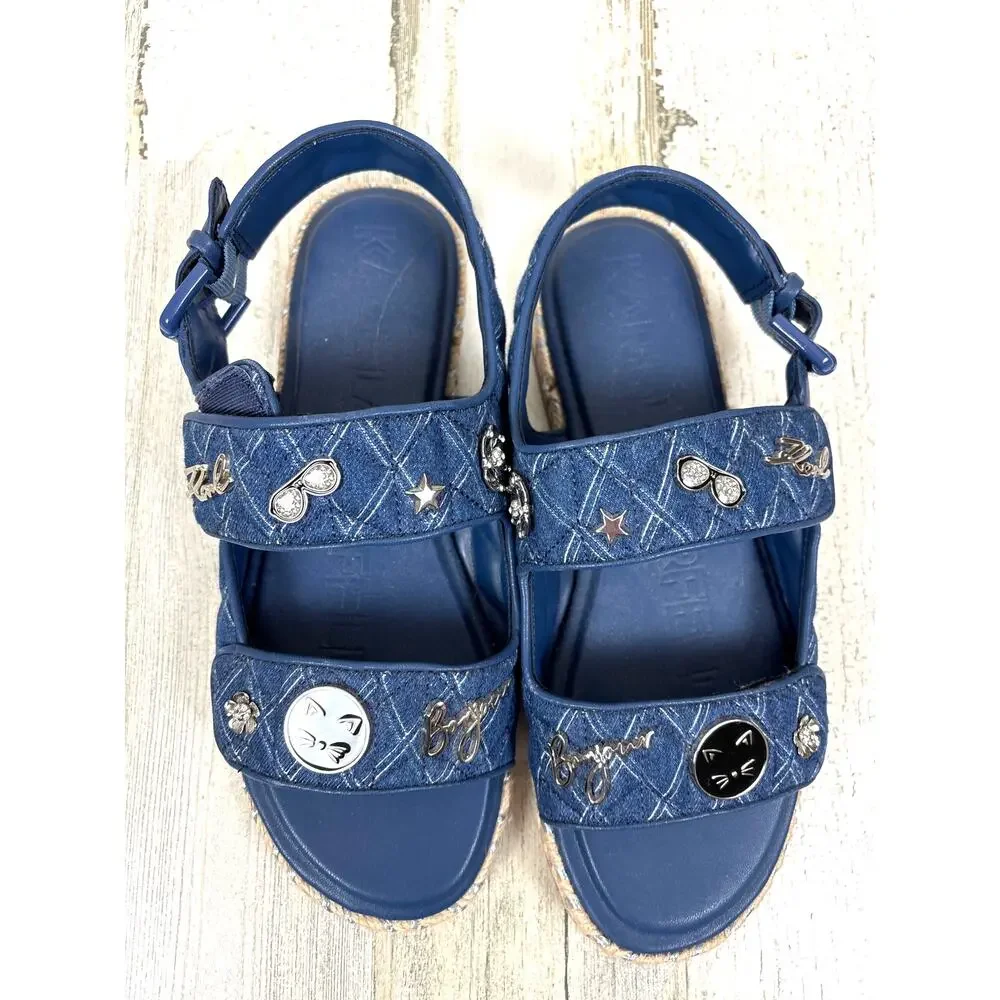 Karl Lagerfeld Womens 7 Blue Embellished Charlay Espadrille Casual Sandals NEW
